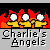 Pixelated cartoon figures with white eyes and yellow bodies stand against red flames, labeled 'Charlie's Angels' in pixel font.