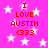 Pink background with white stars and red text reading "I LOVE AUSTIN <333" in a pixelated style.