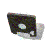 A black and white computer monitor icon with a red downward arrow, rotating through multiple angles against a white background.