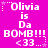 A static image with a bright pink background displays repeated text in white pixelated font, including "Olivia is Da BOMB!!! <33" surrounded by stars and dots.