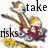 Pixelated image of a character with brown hair and red clothing holding a drum set, with text 'take' above and 'risks' below.