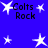 Blue background with white star shapes and black text reading "Colts Rock" in multiple positions.