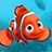 Pixelated orange clownfish with white stripes swims against blue background, surrounded by green pixelated text on a solid blue field.