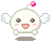 A 4-frame pixel art animation of a white round character with wings, pink cheeks, and a floating pink gem above its head against a gray background.