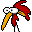 Pixelated cartoon chicken icon with red body, yellow beak and legs, white eyes with black pupils, and a single white stick figure leg on gray background.