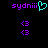 Pixelated purple text 'sydni' with cyan heart symbol on left, two purple '<3' symbols below; identical text and symbols on right side of black background.