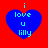 Four blue heart-shaped icons with cyan text on a red background, each displaying "i love u lilly" in pixelated font.
