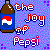 Pixel art image of a brown bottle with blue label and red/white logo next to stylized text reading 'the joy of Pepsi' on purple-blue gradient background.
