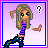 A 4-frame pixel art contact sheet showing a cartoon girl with changing expressions and text, set against a purple background with blue borders.