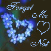 A static icon with a dark background featuring a heart-shaped arrangement of blue flowers, a pixelated heart outline, and cursive text reading "Forget Me Not" in light blue.