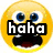 Yellow emoji face with blue eyes and open mouth, overlaid with text 'haha' in white block letters on black background.