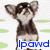 Pixelated image of a dog-like creature with large ears and dark fur, standing against a white background with green horizontal stripes. Blue text at the bottom reads 'lpawd'.