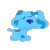 Two side-by-side animated frames of a blue cartoon dog mascot with darker blue spots on a gray background, showing different poses and expressions.