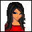 Pixel art of a woman with long black hair wearing red clothing against white background, next to pink gradient text reading NABIE.