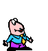 Pixelated cartoon character in blue shirt and yellow tie with three distinct poses: left pose holds object, middle raises hands, bottom speaks 'YEE.'