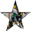 Nine star-shaped frames display hockey players in various poses, some wearing yellow helmets and green jerseys with visible numbers.