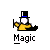 Pixel art character in yellow outfit and black top hat with blue band holding various objects under 'Magic' text.