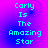 Pixelated cyan text "Carly Is The Amazing Star" on a purple-to-blue gradient background with four identical
