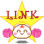 Pixelated character with closed eyes and pink cheeks under a yellow star, holding pink pom-poms; text "LINK" above the star.