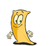 Yellow cartoon character with green eyes and red mouth in multiple poses on gray background.