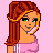 Pixel art buddy icon featuring a female character in pink athletic wear with green eyes and red hair, alongside partial body views and "track star" text on a solid pink background.