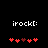 Pixelated text 'irock[' above red heart symbols on black background, with one heart changing color between frames.