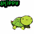 Green pixelated turtle with round head and shell, four yellow limbs, red accents on shell edges; text above reads 'SKIPPY the TURTLE :D' in green block letters.