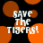 Pixelated text 'SAVE THE TIGERS!' in white on black background with orange circular shapes, animated as