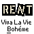 Animated contact sheet of 8 frames showing a pixelated text-based icon with "RENT" and "Viva La Vie Bohème" in varying styles against gray background.