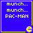 Blue square with yellow border containing white text and a Pac-Man icon, showing four identical arranged in a