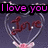 Pixelated heart-shaped glass with pink floral base, containing red cursive 'love' text and purple 'I love you <3333' overlay on dark background.