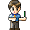 Pixel art character in blue shirt and gray pants holding green object, standing with arms crossed then extending arm forward.
