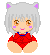 Pixel art character with silver hair, purple cat ears, and red outfit in two poses: one seated still, the other waving.