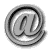 A grayscale @ symbol icon in a 3D metallic style, displayed across three of four circular frames showing rotation and perspective changes