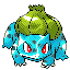 Pixel art of a blue-green Pokémon-like creature with red eyes and green leafy crest, shown in multiple poses alongside Poké Balls and text.