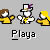 Pixelated character icons in yellow and white with brown hair, a hat, and a lamp pose on gray background beneath 'Playa' text.