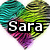 Pixelated heart-shaped icon with gradient colors and bold text overlay reading 'Sara' in white letters with black outline.
