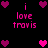 Pixelated icon with pink text 'i love travis' and heart symbols on black background, showing animation of heart positions changing.
