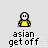 Pixel art character in yellow shirt with multiple poses and text 'asian get off' beneath each frame.