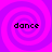 Four identical spiral patterns in purple and pink with the word 'dance' centered on each, arranged in a