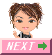 Pixelated cartoon avatar with brown braided hair in two buns, wearing black and white checkered top, holding pink 'NEXT' sign with green arrow.