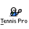 A 4x3 contact sheet of pixel art frames showing a tennis-themed animated icon with a character in blue attire performing various tennis actions and expressions, including holding rackets, hitting balls, and displaying 'ACE!' text on black backgrounds.