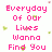 Pixelated pink text on white background with scattered green and red floral accents, partially cropped at bottom right.