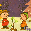 Animated scene with two cartoon characters in a snowy landscape, one in red jacket and brown hat, the other in orange jacket and green headband holding purple fabric.