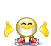 Yellow circular character with closed eyes, white mouth band, red shoes on clear bases; multiple hand poses around it in a