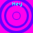Four identical circular icons with concentric rings and "Hey" text on a bright pink background, each icon's ring count differs slightly between positions.