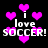 Pixelated animation of pink hearts floating around white text reading "i love SOCCER!" on a black background.