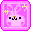 Pixel art bunny with pink fur, dark blue eyes, black whiskers, and yellow sparkles on a gradient background.