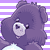 Pixelated purple Care Bear character with white chest emblem on striped background, displayed as 6-frame contact sheet showing subtle facial expression changes across frames.