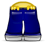 Animated sequence of a yellow cartoon character's rear in blue pants, showing gradual transition from pants to shorts with visible hand grips on fabric.